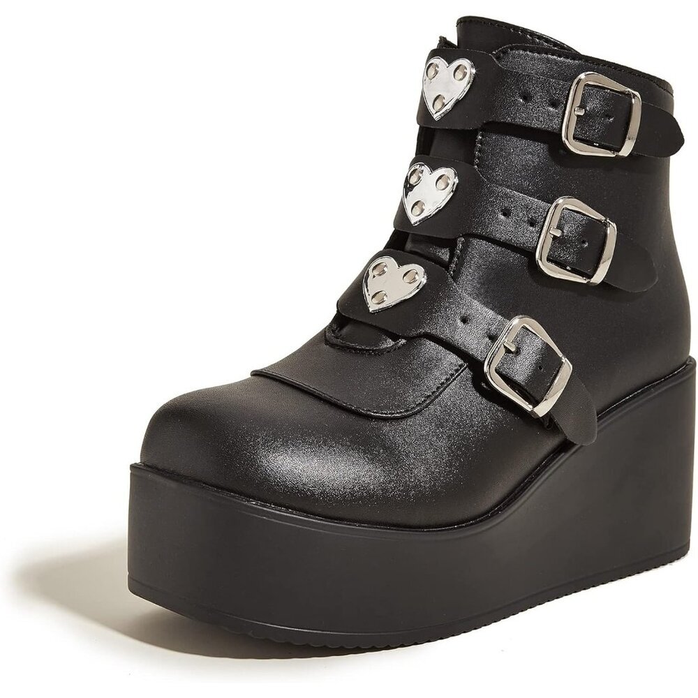 Lucky Step Women's Black Platform Ankle Boots Round Toe Zipper Wedges High Heel